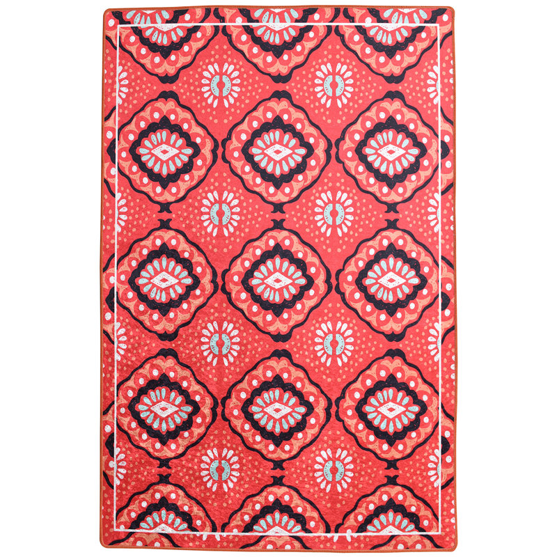 Premium Red Area Rug, 6.6 x 9.5 Feet | 100% Polyester, 0.2 in Pile Height, Antibacterial, Non-Slip Felt Dot Underside | Machine Washable, Easy Care | Perfect for Living Room, Bedroom, & Dining Areas