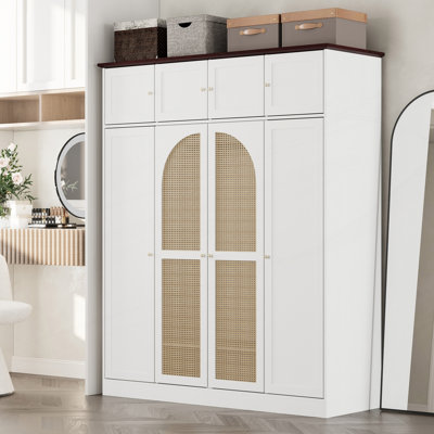 8-Door Large Capacity Armoire Wardrobe Closet With Hanging Rod, Adjustable Shelves And Rattan Decorative Doors, Clothing Storage Cabinet