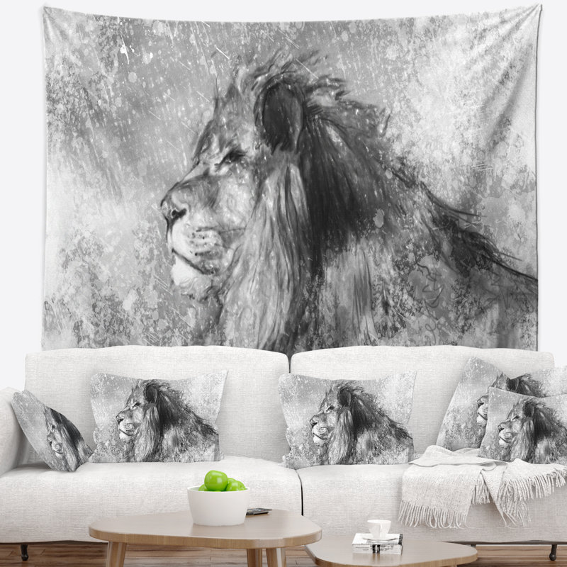 Tapisserie abstraite d'art de tatouage de lion, H 32 po x l 39 po