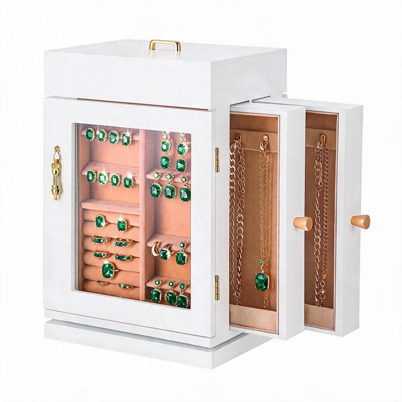 Armoire de rangement à bijoux rotative à 360 ° en MDF avec porte magnétique, crochets à collier intégrés, organisateur de bijoux blanc