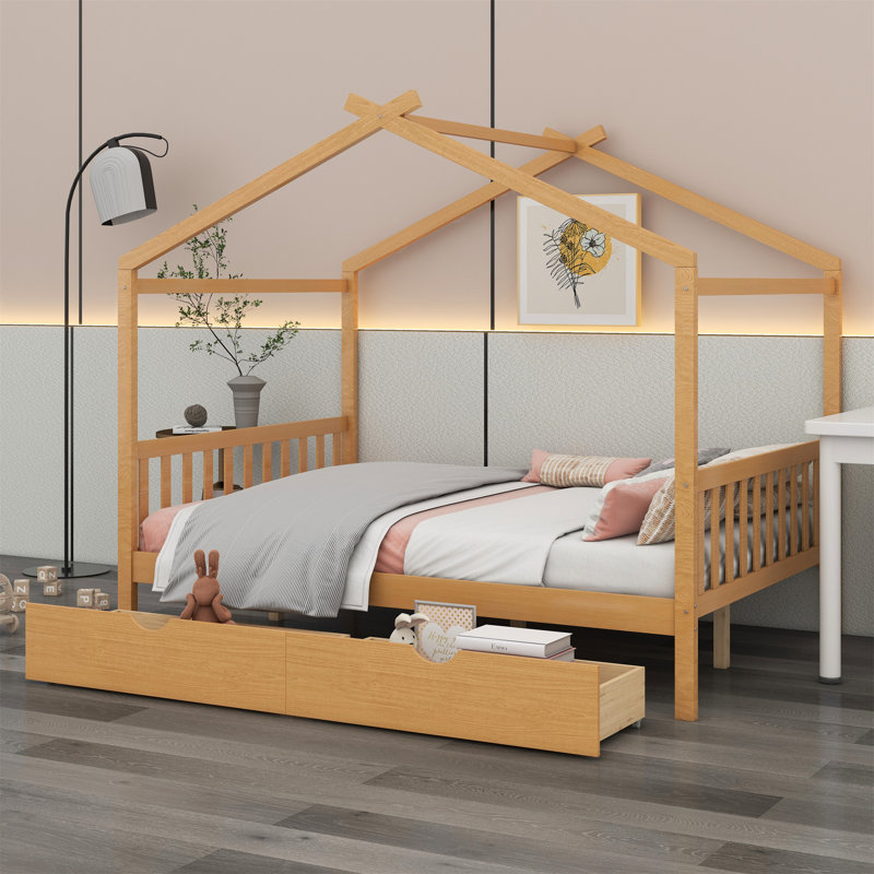 Lit plateforme House avec deux tiroirs, tête de lit et pied de lit, Naturel