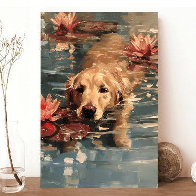 Canvas Wall Art Golden Retriever Swimming In Lily Pond Art Print Vintage Poster Print Home Decor