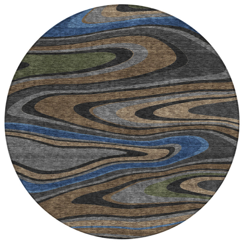 Machine Washable Indoor/Outdoor Chantille ACN2494 Abstract Rug, Black, 8' Round