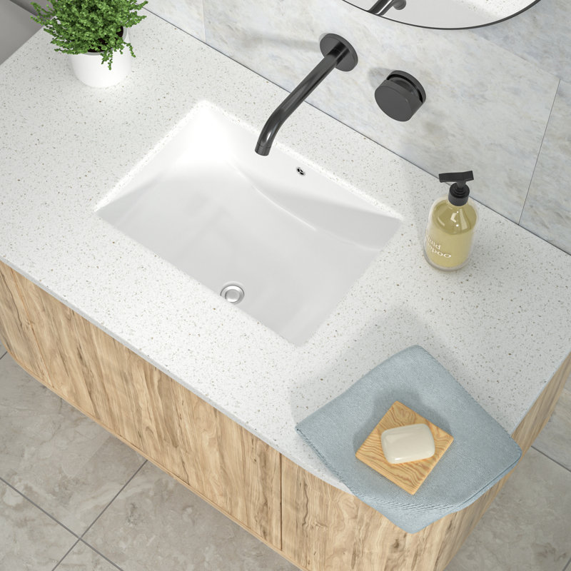 21'' x 15'' Rectangular Undermount White Ceramic Bathroom Sink, Modern Under-Counter Vanity Basin with Overflow Hole