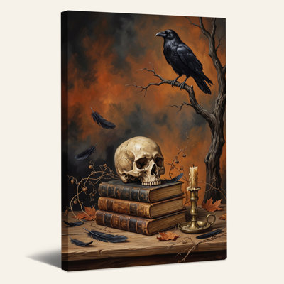 Impression sur toile, crâne gothique et corbeau noir sur livres rétro