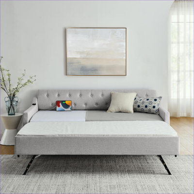 Daybeds | Twin Size Mid-Century Upholstered Daybed with Erectable Trundle, USB Charging for Small Spaces | Beige | Linen