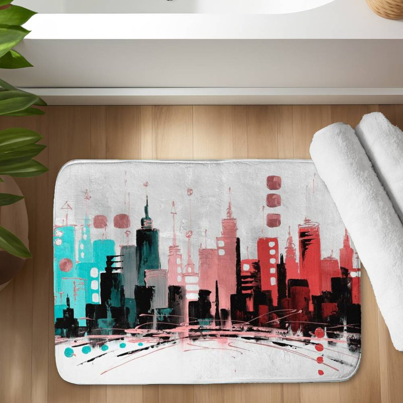 Colorful city with rose gold lines Bath Mat with Non-Slip Backing - Quick Dry Memory Foam Bathroom Rug - Absorbent - Modern Plush Spa-Style - Machine Washable