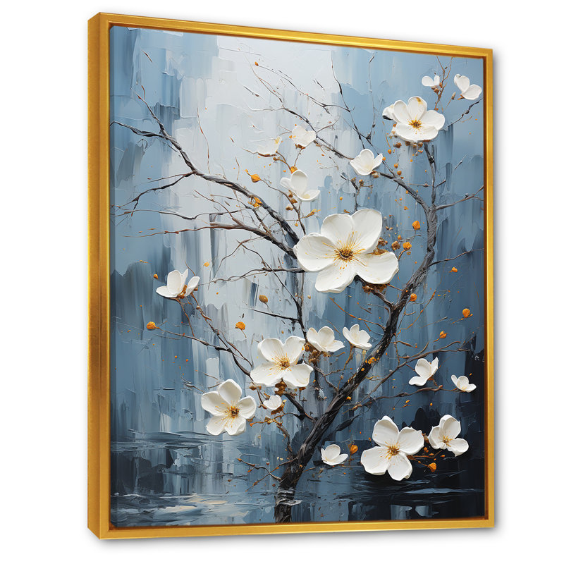Impression sur toile grise et bleue Dogwood Expression I, Cadre flottant doré, H 32 po x l 24 po x P 1 po