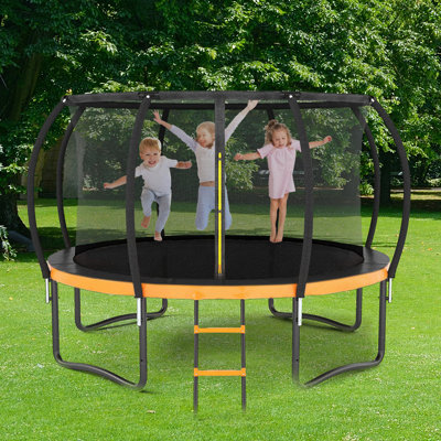 12FT Outdoor Big Trampoline Inner Safety Enclosure Net, Ladder, PVC Spring Cover Padding, For Kids, Orange Color
