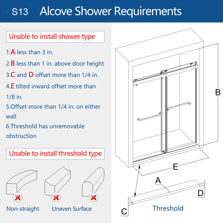 60'' W 76'' H Frameless Rectangle Reversible Shower Stall