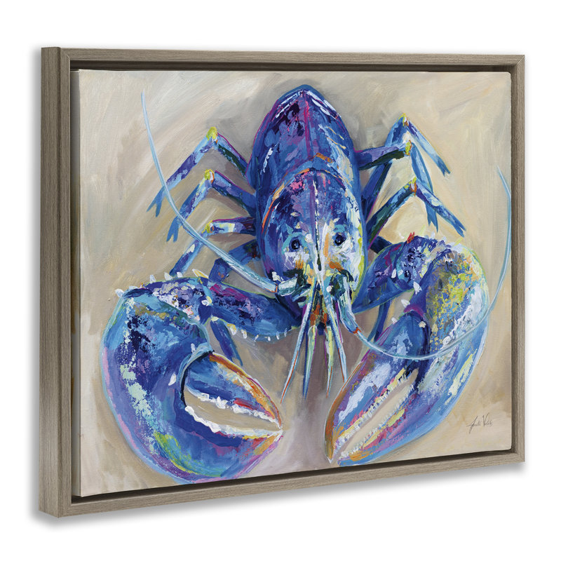 "Blue Lobster Impression", art mural encadré par Jeanette Vertentes, H 17 po x l 21 po, Cadre flottant orme Montalcino