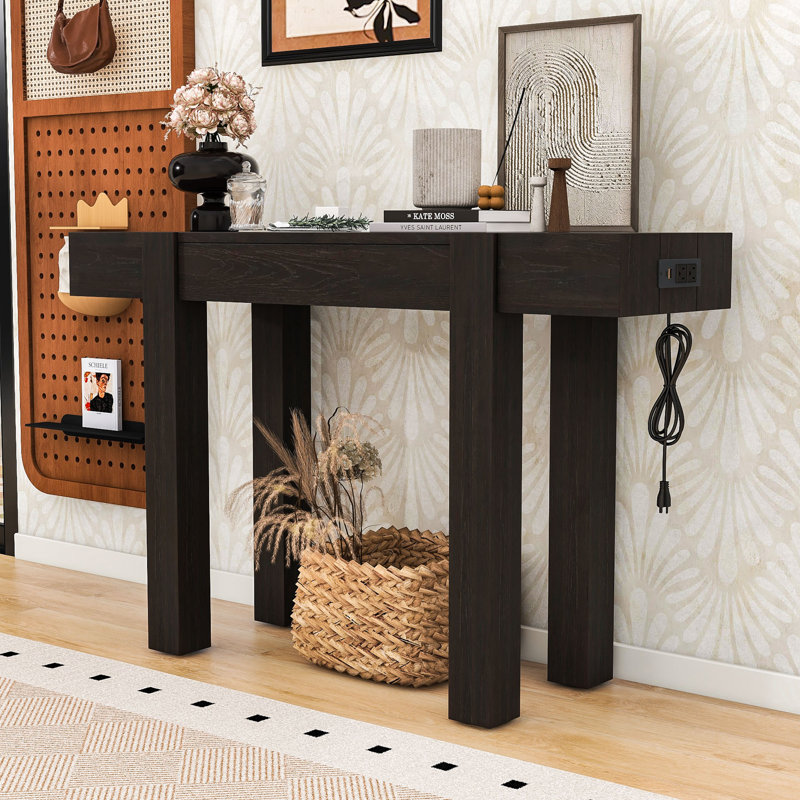 Console rustique en bois avec tiroir, prise de courant, Espresso