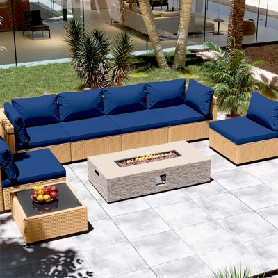 Ensemble de conversation de patio en rotin 8 pièces avec coussins et table de foyer extérieur de 56 pouces