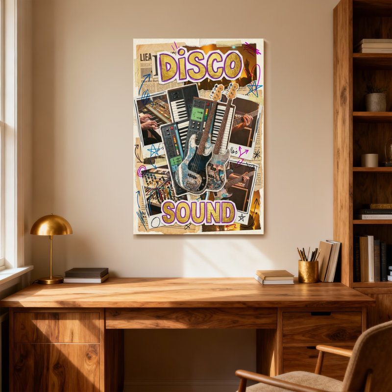 Mode, disco, instruments de musique, collage, art, H 24 po x l 16 po