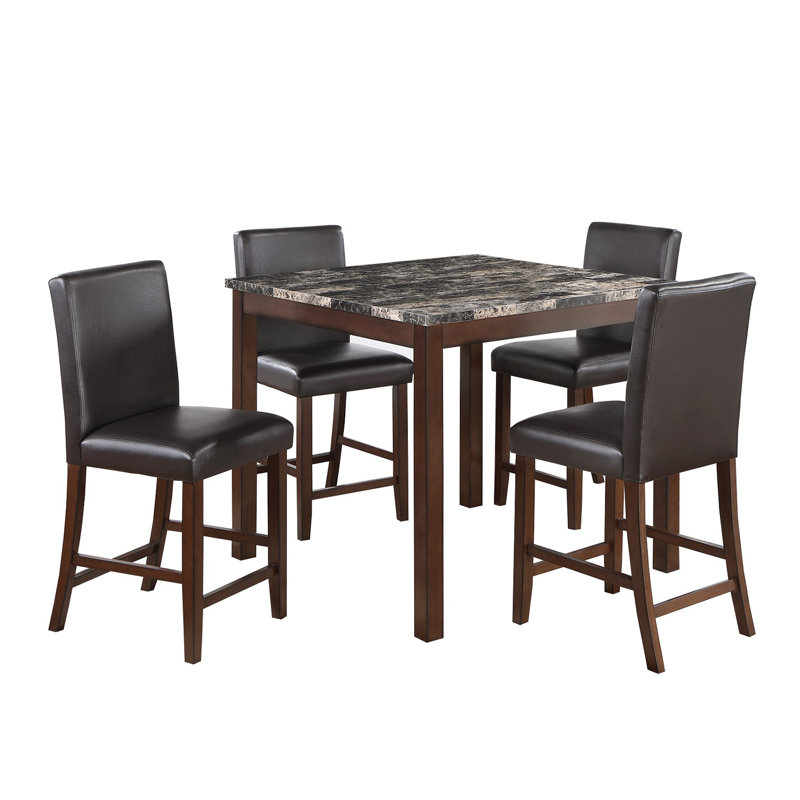 5 Piece Counter Height Dining Set With Footrest, Gray/Walnut/Black