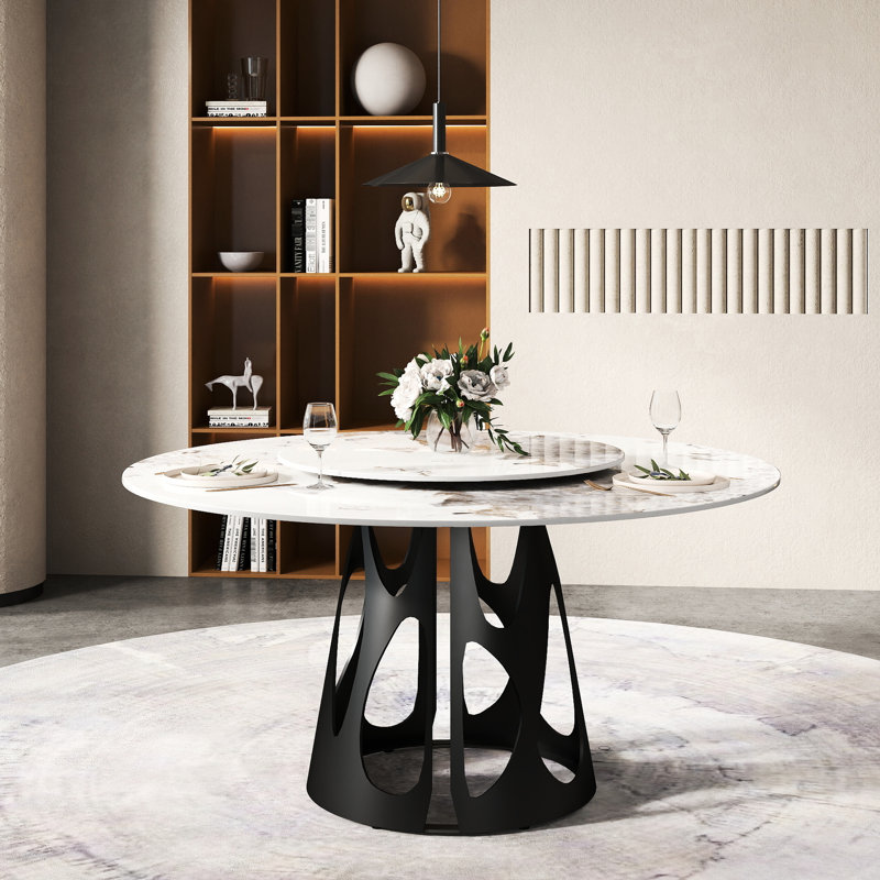 Table de salle à manger 59,01 po ronde avec plateau en marbre artificiel et base en métal noir, 6 à 8 personnes, disque rotatif blanc de 31,5 po, chaleur anticorrosion - sièges en fer, surface rotative