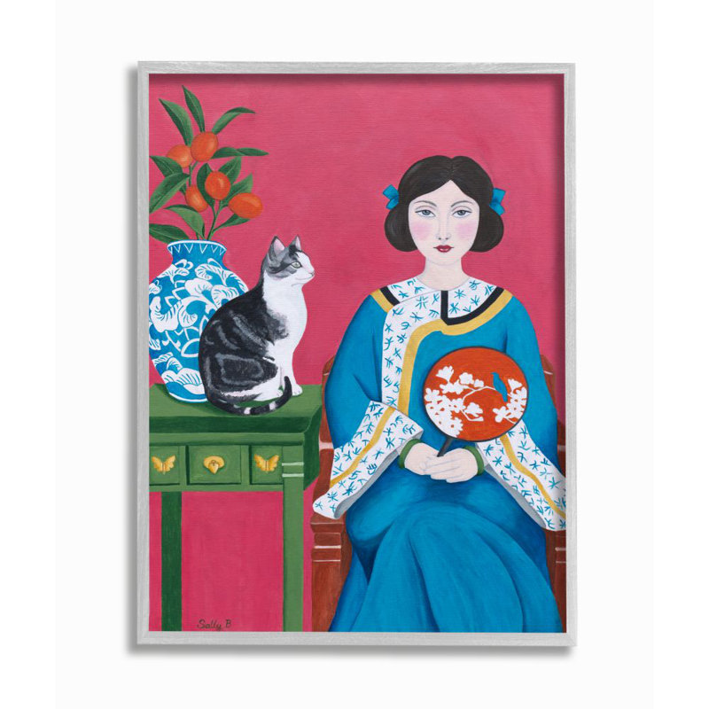 "femme chinoise" et chat vert rouge "par catherine b-sans cadre, reproduction d’art sur toile, H 14 po x l 11 po x P 1,5 po
