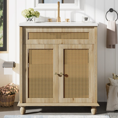 30-Inch Bathroom Vanity with Resin Basin and Handwoven Rattan Doors