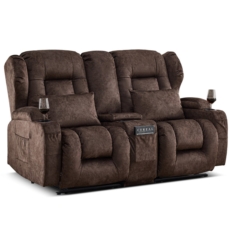 Loveseat Recliner with Storage Center Console, Manual Double Reclining Sofa with Pockets, Cup Holders, Pillows, Brown Velvet