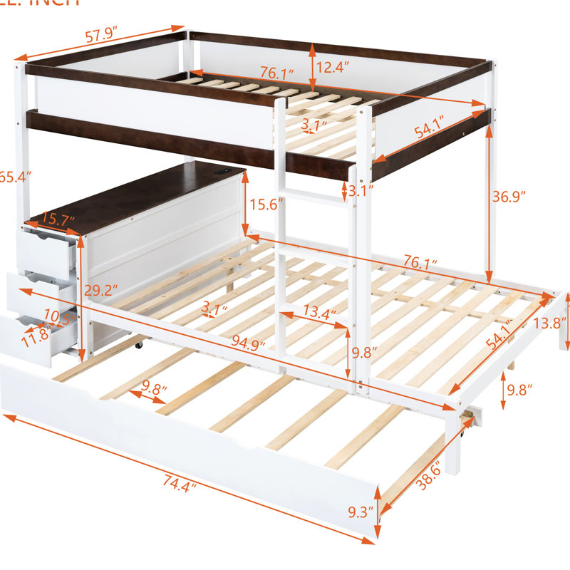 Lit superposé avec rangement, prises de courant, bureau blanc + bureau en noyer, lit gigogne simple et prises électriques -