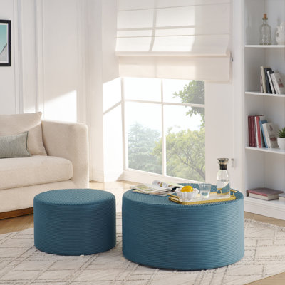 Set of 2 Blue Cylindrical Ottomans, Foam Upholstered, Portable Modern Poufs