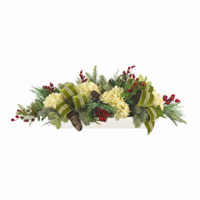 Holiday Arrangement with Hydrangeas, Ribbons and Berries