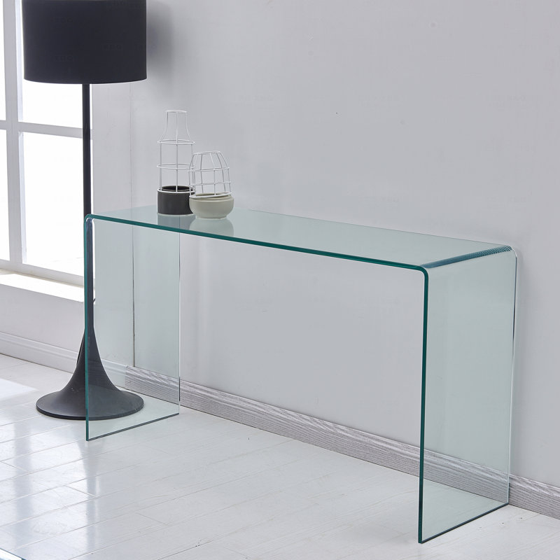 Console en verre, verre trempé transparent avec bureaux à bords arrondis, table de canapé