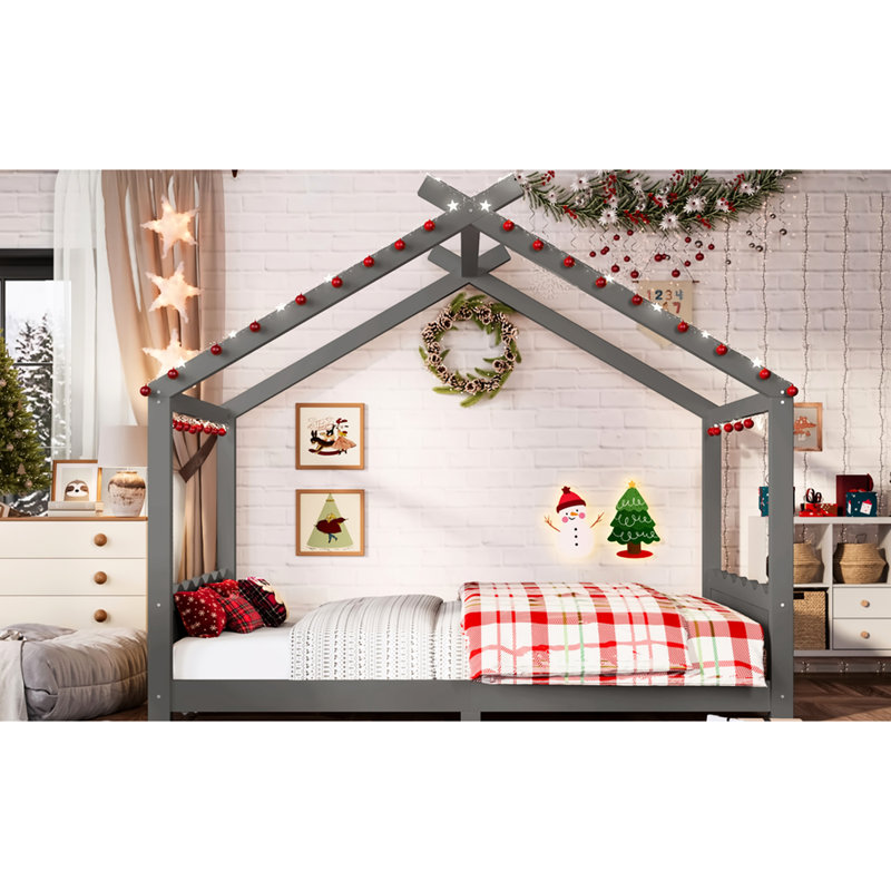 Lit double pleine grandeur sur plancher gris, bois massif, lattes de soutien, lit de bébé gris pour un développement créatif et sécuritaire, pour le développement imaginatif