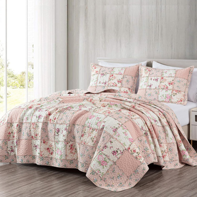 Ensemble de courtepointe à motif floral en coton prélavé, Courtepointe pour grand lit + 2 taies décoratives, Rose