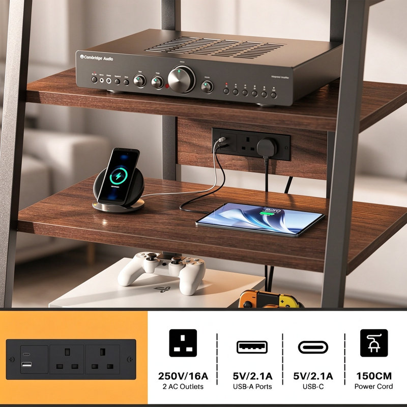 4-Tier Media Stand with LED & Outlets, Dark Walnut