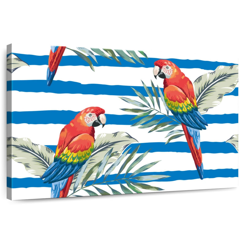 Ara, perroquets, feuilles de palmier, H 16 po x l 24 po