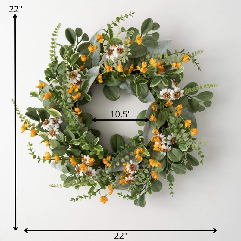 Couronne de fleurs artificielles marguerite et souci, H 22 po x l 22 po x P 7,5 po