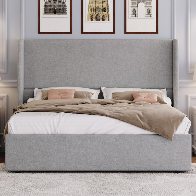 Craciunita Upholstered Wingback Storage Bed, Light Gray