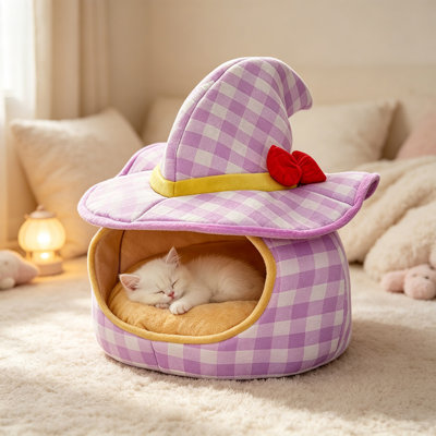 Dog Bed Witch Shaped Enclosed Pet Bed with Removable Upper Cover Warm Cozy Cats Dog Bed Shelter for Small Medium Pet Indoor Rest Sleeping Cat Bed