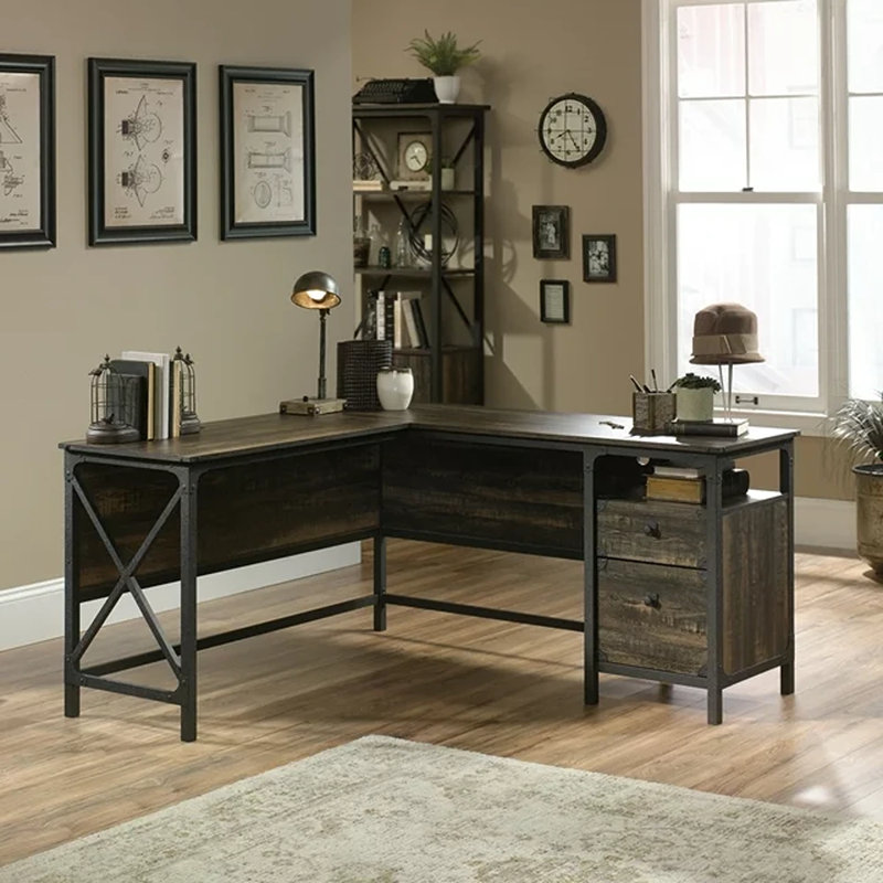 L-Shaped Metal Base Executive Desk, Carbon Oak