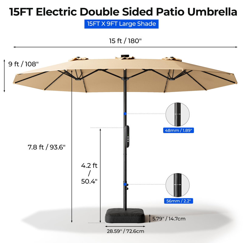 Parasol rectangulaire lumineux 180 po x 108 po avec base, grand parasol électrique motorisé 15 pi avec base et lumières solaires, parasol rectangulaire double face avec télécommande, ouverture automatique à 30 °