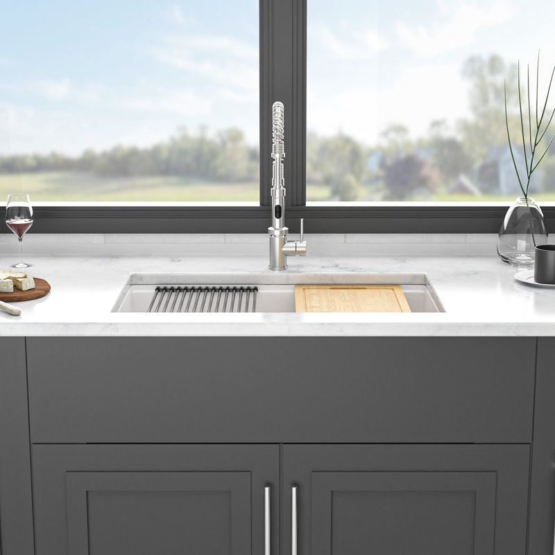 White Quartz Composite Basin 32X19" - Strong Build, Hygienic Workstation Undermount Kitchen Sink , Easy To Wipe Clean, White