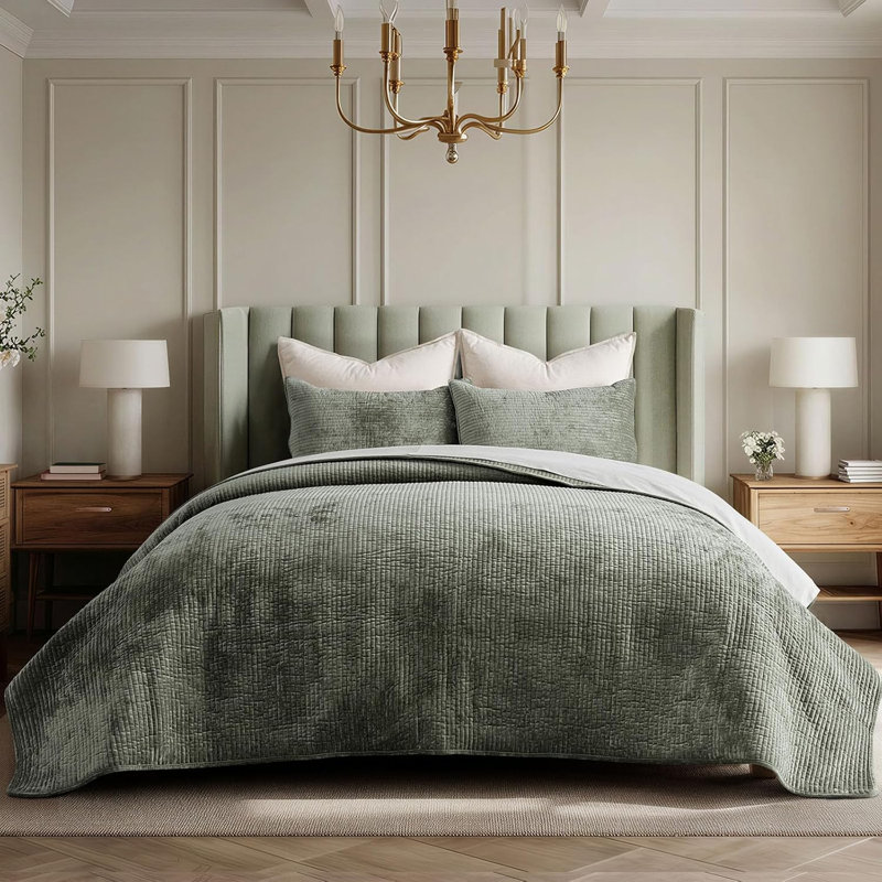 Striped Channel Velvet Quilt Set, Queen, Dried Thyme