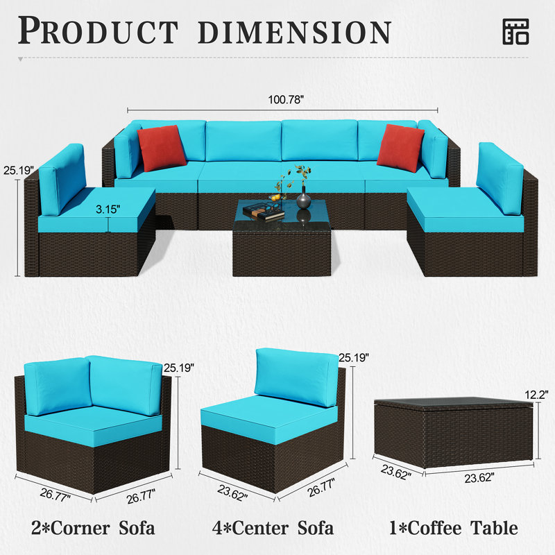 Arleht 7-Piece Wicker / Rattan Outdoor Sectional Seating Group with Cushions, Blue