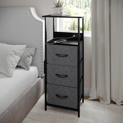 3 Fabric Drawer Nightstand With 2 USB Ports And 1 Outlet Charging Station