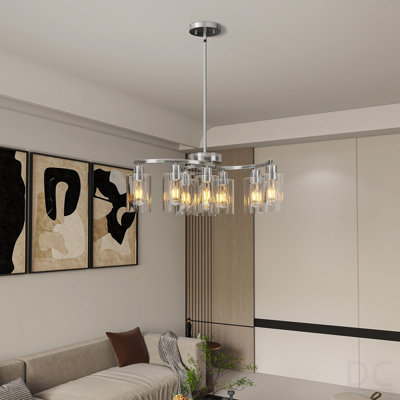 9-Light Brushed Nickel Glass Chandelier, Adjustable Height Hanging Industrial Dining Room Chandelier Over Table, Modern Farmhouse Chandelier For Kitchen Island Living Room Entryway Bedroom