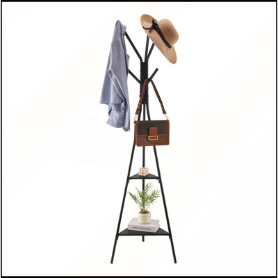 Sturdy Freestanding Coat Rack with 2 Shelves and 6 Hooks for Organized Storage and Easy Access