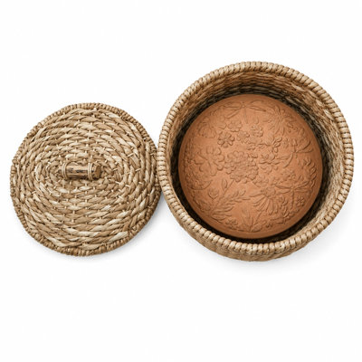 Panier à pain Eangee tissé à la main avec pierre chauffante en terre cuite, libellules et fleurs, rond, naturel, avec couvercle