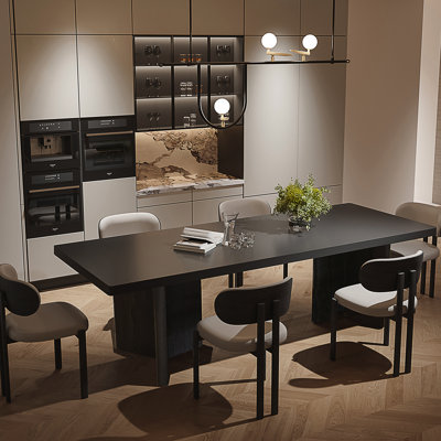 55.12 "Modern Minimalist Black Sintered Stone Dining Table with Solid Oak Thick Legs – Light Luxury Rectangular Home Table for Dining Room Reception