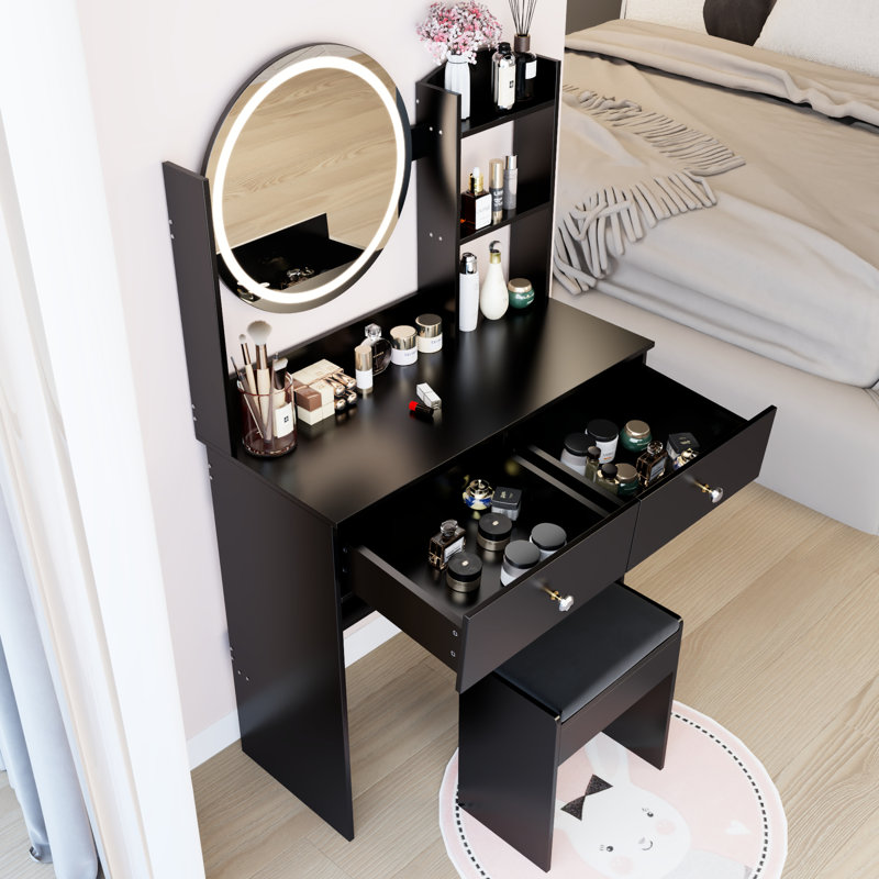 17" Round Led Mirror Dressing Table And Cushioned Seat, Touch - Operated 3 Color Lighting With Adjustable Brightness, Large Multi Layer Storage, Ideal For Small Guest Room Spaces, American Designed