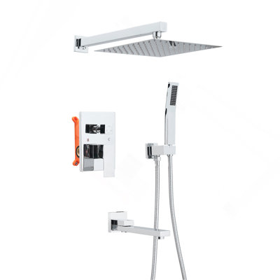 Shower System with 10 Inch Rain Shower Head and Handheld Wall Mounted and Down Sprayer,High Pressure Rainfall Shower Faucet Fixture Combo Set with 2 in 1 Handheld Showerhead for Bathroom, Chrome