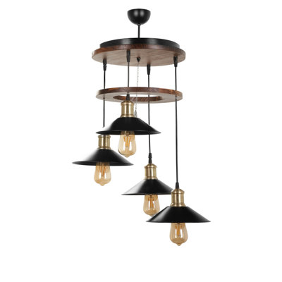 Lustre industriel industriel avec structure en bois, hauteur réglable, 27,6 po de diamètre x 31,5 po de hauteur | Douille E27, 40 W maximum | Peinture électrostatique séchée au four, finition brune et noire | Parfait pour la maison de campagne