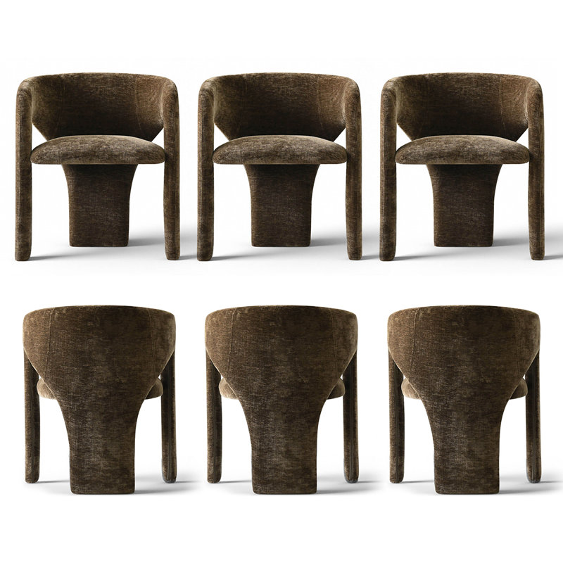 Ensemble de 6 chaises de salle à manger modernes rembourrées avec dossier incurvé et tissu chenille texturé, Brown