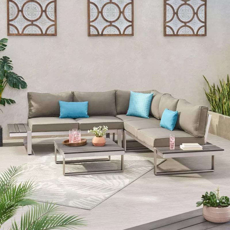 Sterling Outdoor Aluminum V-Shaped 5 Seater Sofa Set With Cushions, L Shape Outdoor Sofa, Outdoor Set, Beige