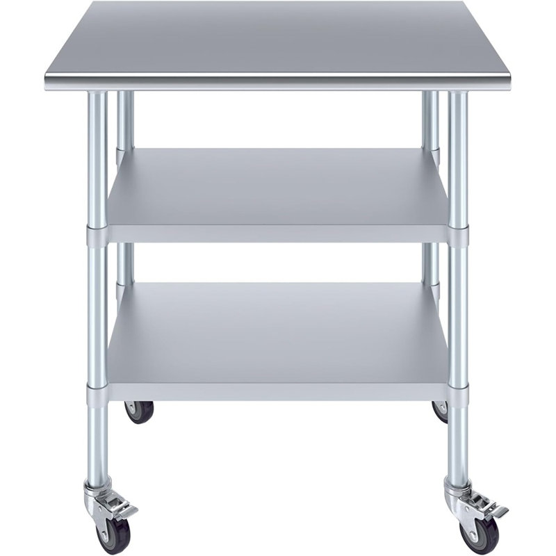 Table de travail en acier inoxydable avec 2 tablettes et roulettes | M ...